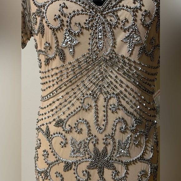 NWT PISARRO NIGHTS Beaded Rose Nude Mesh Longline Dress Red Carpet Evening Gown - Picture 5 of 13